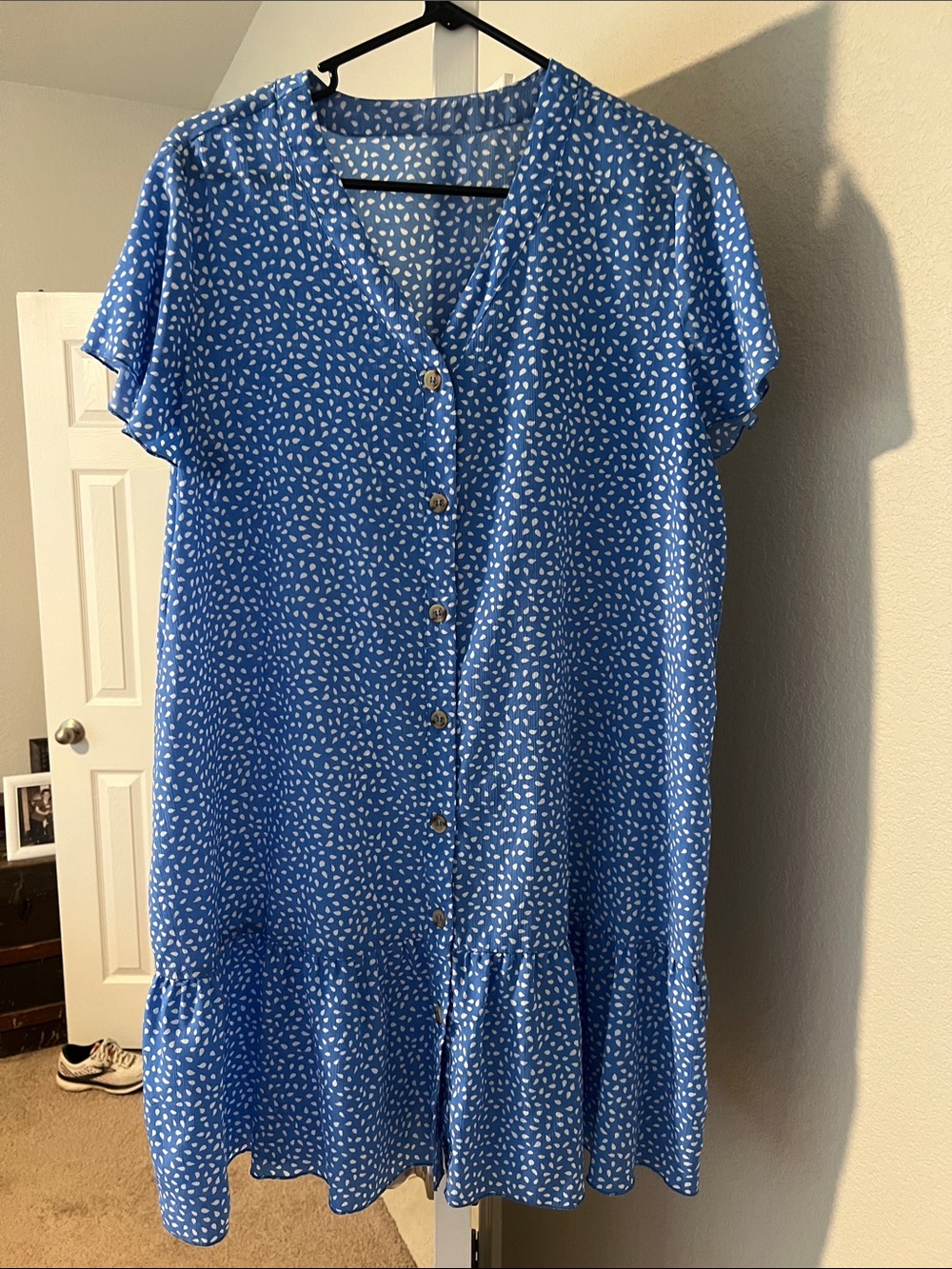 Blue Short Sleeve Button-Front Womens Dress